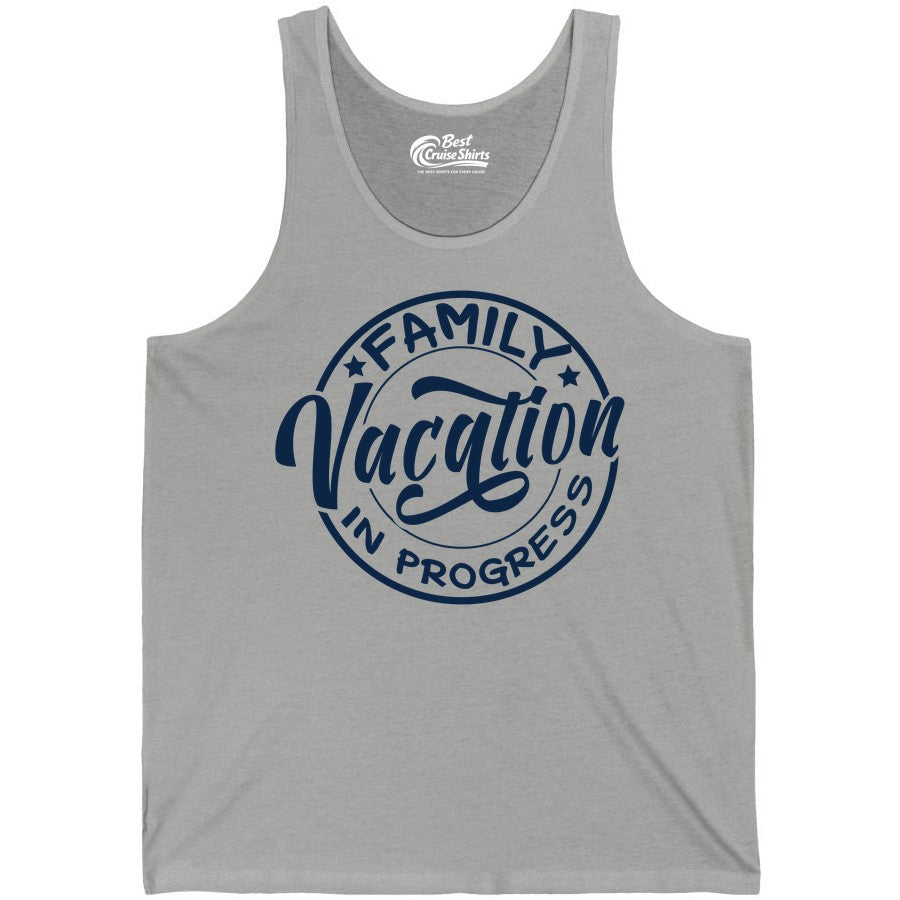 Family Vacation Shirt - Fun Family Travel Shirt for Holiday Trips (Tank Top) in Athletic Heather - Family Vacation In Progress Bold Circular Stamp Travel Shirt