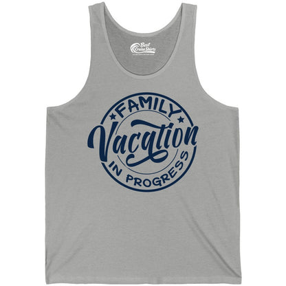 Family Vacation Shirt - Fun Family Travel Shirt for Holiday Trips (Tank Top) in Athletic Heather - Family Vacation In Progress Bold Circular Stamp Travel Shirt