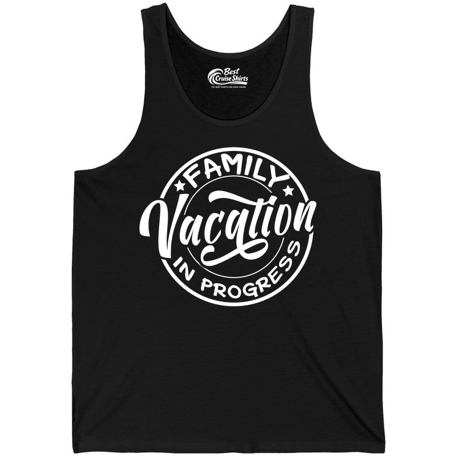 Family Vacation Shirt - Fun Family Travel Shirt for Holiday Trips (Tank Top) in Black - Family Vacation In Progress Bold Circular Stamp Travel Shirt