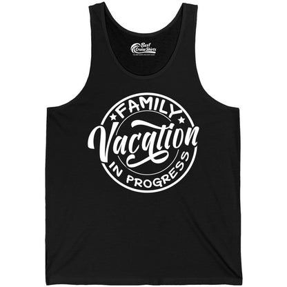 Family Vacation Shirt - Fun Family Travel Shirt for Holiday Trips (Tank Top) in Black - Family Vacation In Progress Bold Circular Stamp Travel Shirt