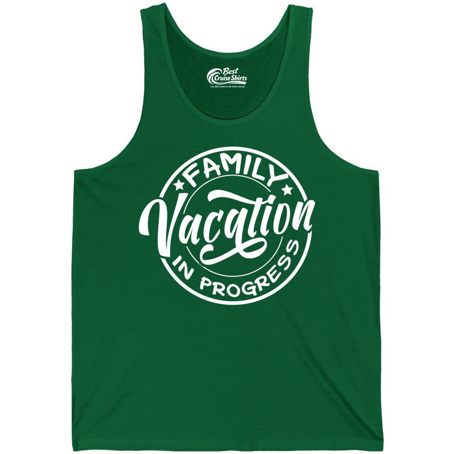 Family Vacation Shirt - Fun Family Travel Shirt for Holiday Trips (Tank Top) in Kelly - Family Vacation In Progress Bold Circular Stamp Travel Shirt