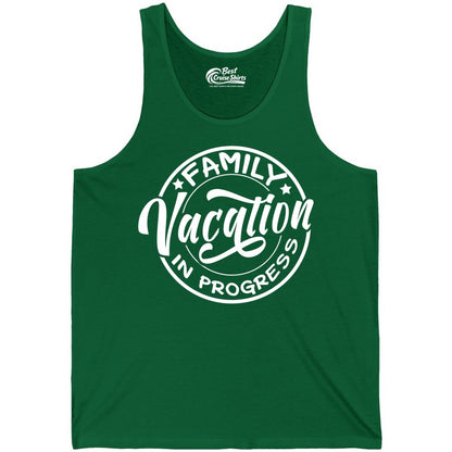 Family Vacation Shirt - Fun Family Travel Shirt for Holiday Trips (Tank Top) in Kelly - Family Vacation In Progress Bold Circular Stamp Travel Shirt