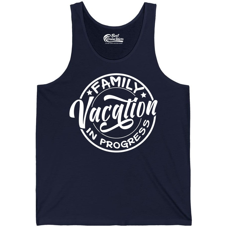 Family Vacation Shirt - Fun Family Travel Shirt for Holiday Trips (Tank Top) in Navy - Family Vacation In Progress Bold Circular Stamp Travel Shirt