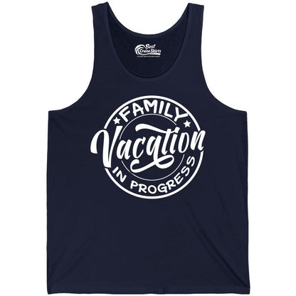 Family Vacation Shirt - Fun Family Travel Shirt for Holiday Trips (Tank Top) in Navy - Family Vacation In Progress Bold Circular Stamp Travel Shirt