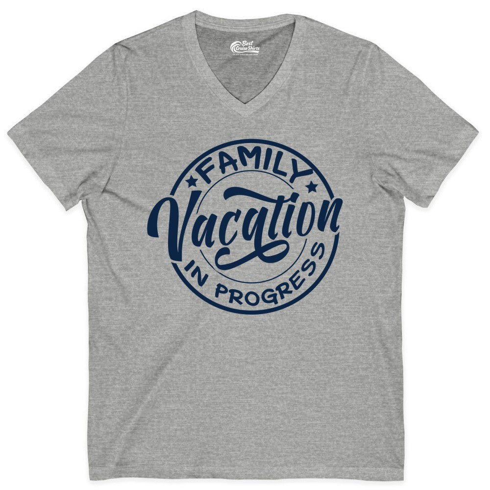 Family Vacation Shirt - Fun Family Travel Shirt for Holiday Trips (V-Neck) in Athletic Heather - Family Vacation In Progress Bold Circular Stamp Travel Shirt