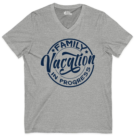 Family Vacation Shirt - Fun Family Travel Shirt for Holiday Trips (V-Neck) in Athletic Heather - Family Vacation In Progress Bold Circular Stamp Travel Shirt