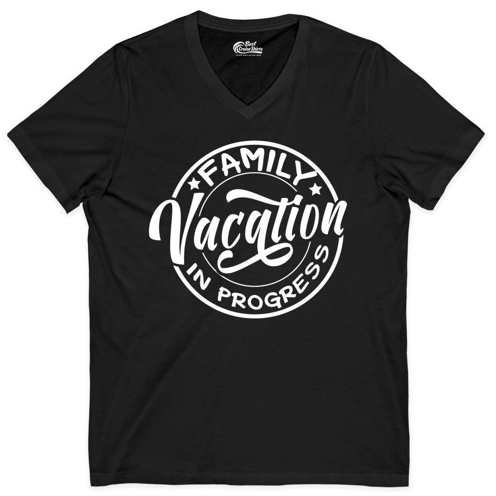 Family Vacation Shirt - Fun Family Travel Shirt for Holiday Trips (V-Neck) in Black - Family Vacation In Progress Bold Circular Stamp Travel Shirt