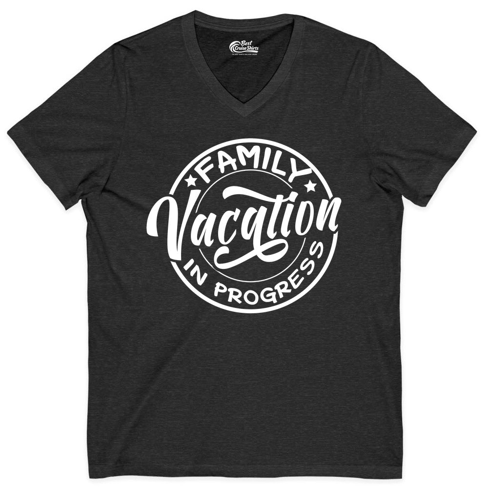 Family Vacation Shirt - Fun Family Travel Shirt for Holiday Trips (V-Neck) in Dark Grey Heather - Family Vacation In Progress Bold Circular Stamp Travel Shirt