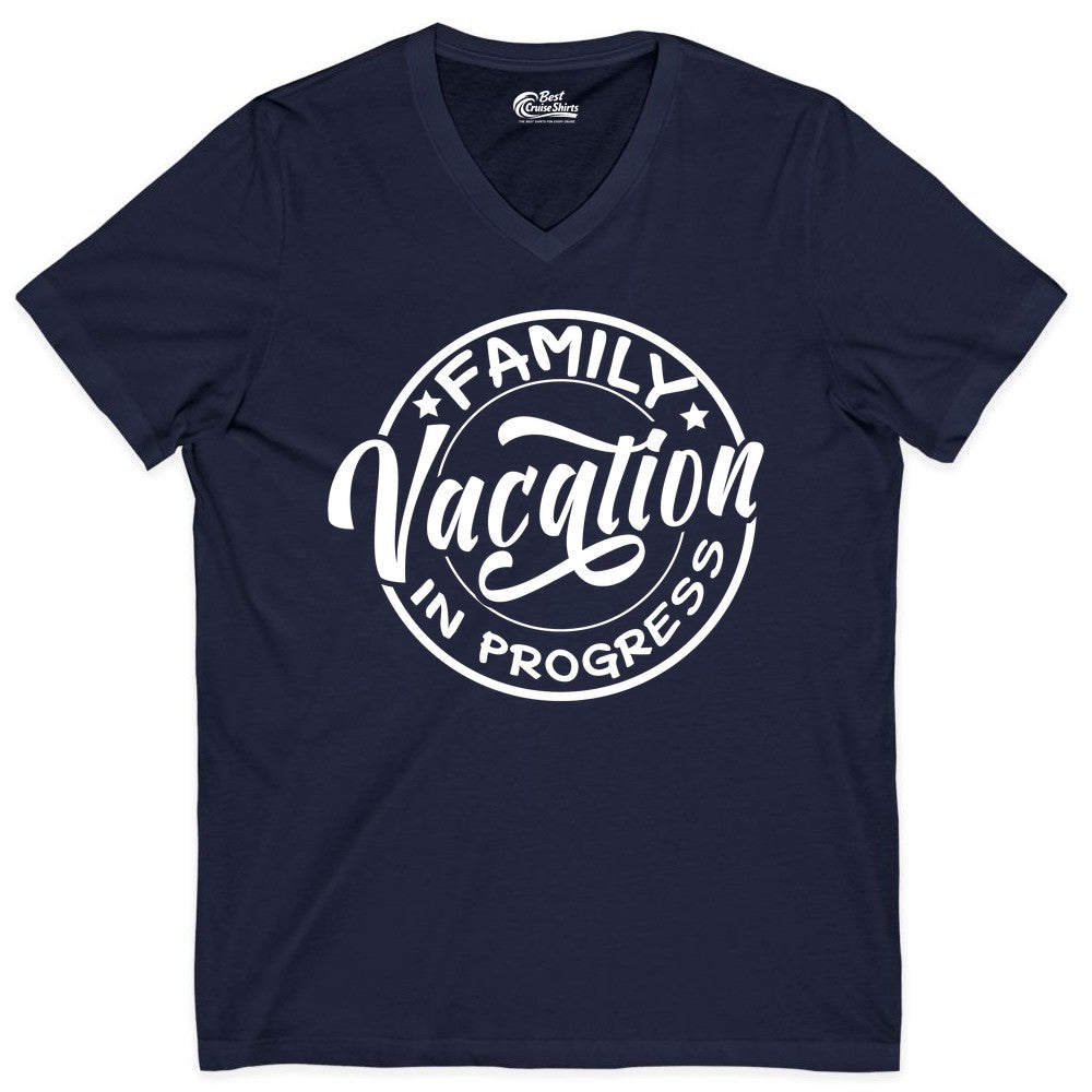 Family Vacation Shirt - Fun Family Travel Shirt for Holiday Trips (V-Neck) in Navy - Family Vacation In Progress Bold Circular Stamp Travel Shirt
