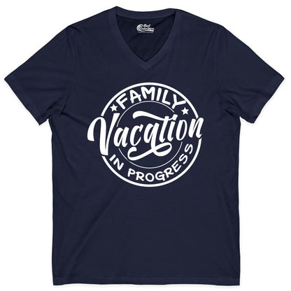 Family Vacation Shirt - Fun Family Travel Shirt for Holiday Trips (V-Neck) in Navy - Family Vacation In Progress Bold Circular Stamp Travel Shirt