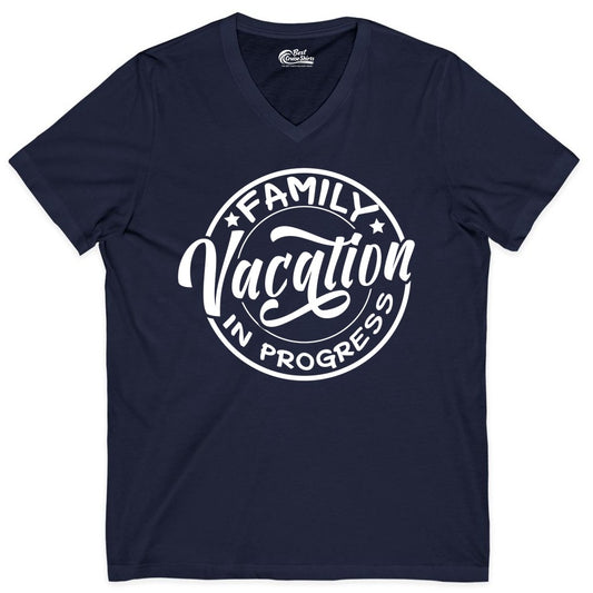 Family Vacation Shirt - Fun Family Travel Shirt for Holiday Trips (V-Neck) in Navy - Family Vacation In Progress Bold Circular Stamp Travel Shirt