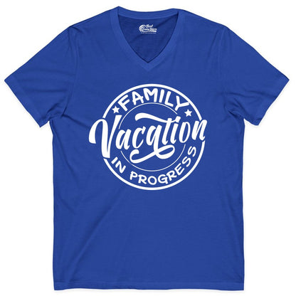 Family Vacation Shirt - Fun Family Travel Shirt for Holiday Trips (V-Neck) in True Royal - Family Vacation In Progress Bold Circular Stamp Travel Shirt