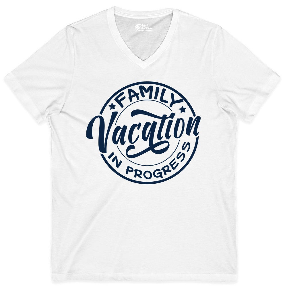 Family Vacation Shirt - Fun Family Travel Shirt for Holiday Trips (V-Neck) in White - Family Vacation In Progress Bold Circular Stamp Travel Shirt