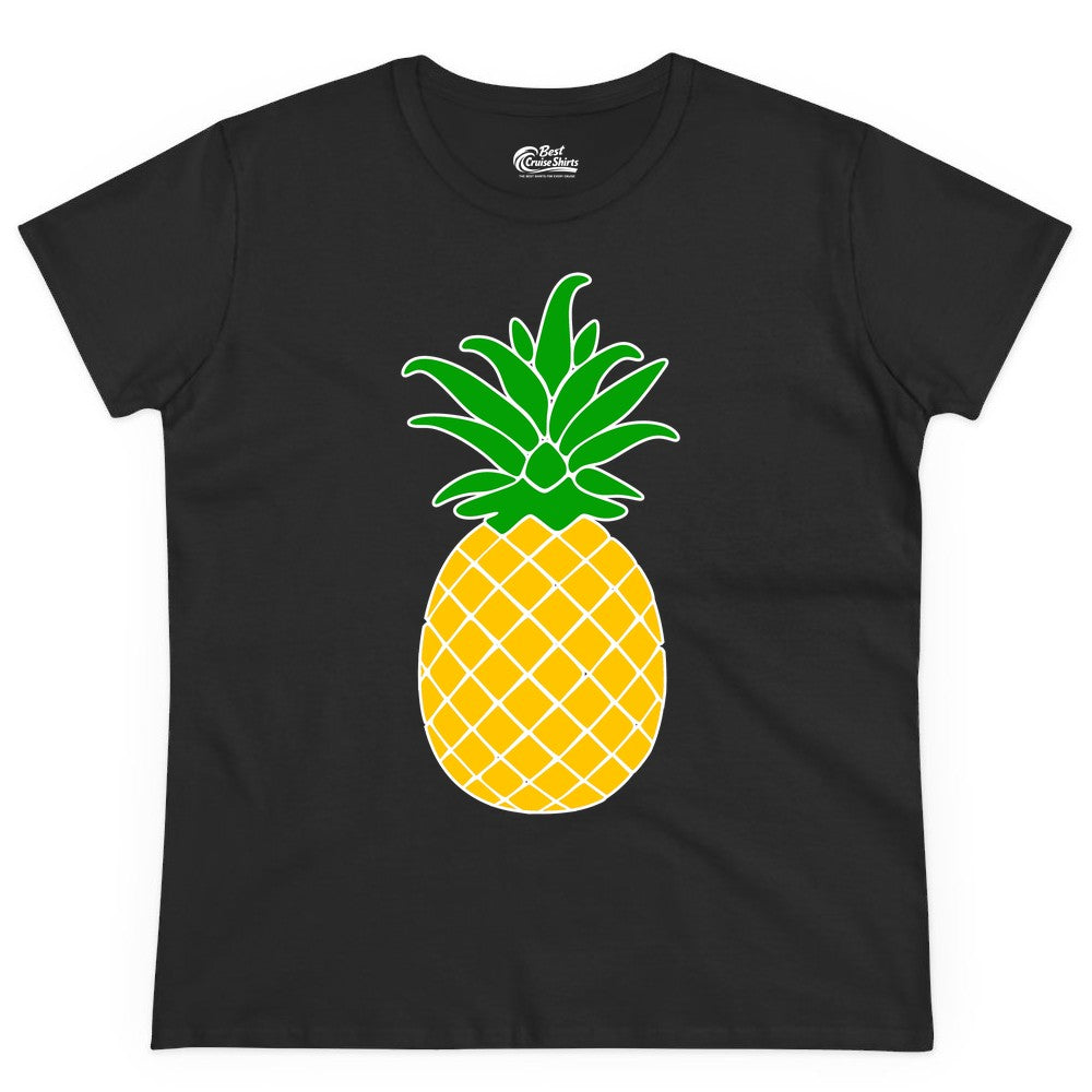 Pineapple Graphic Shirt - Tropical Fruit Apparel for Summer Fun (Ladies Tee) in Black - Cartoon Pineapple Graphic Shirt - Bold Tropical Fruit Summer Tee