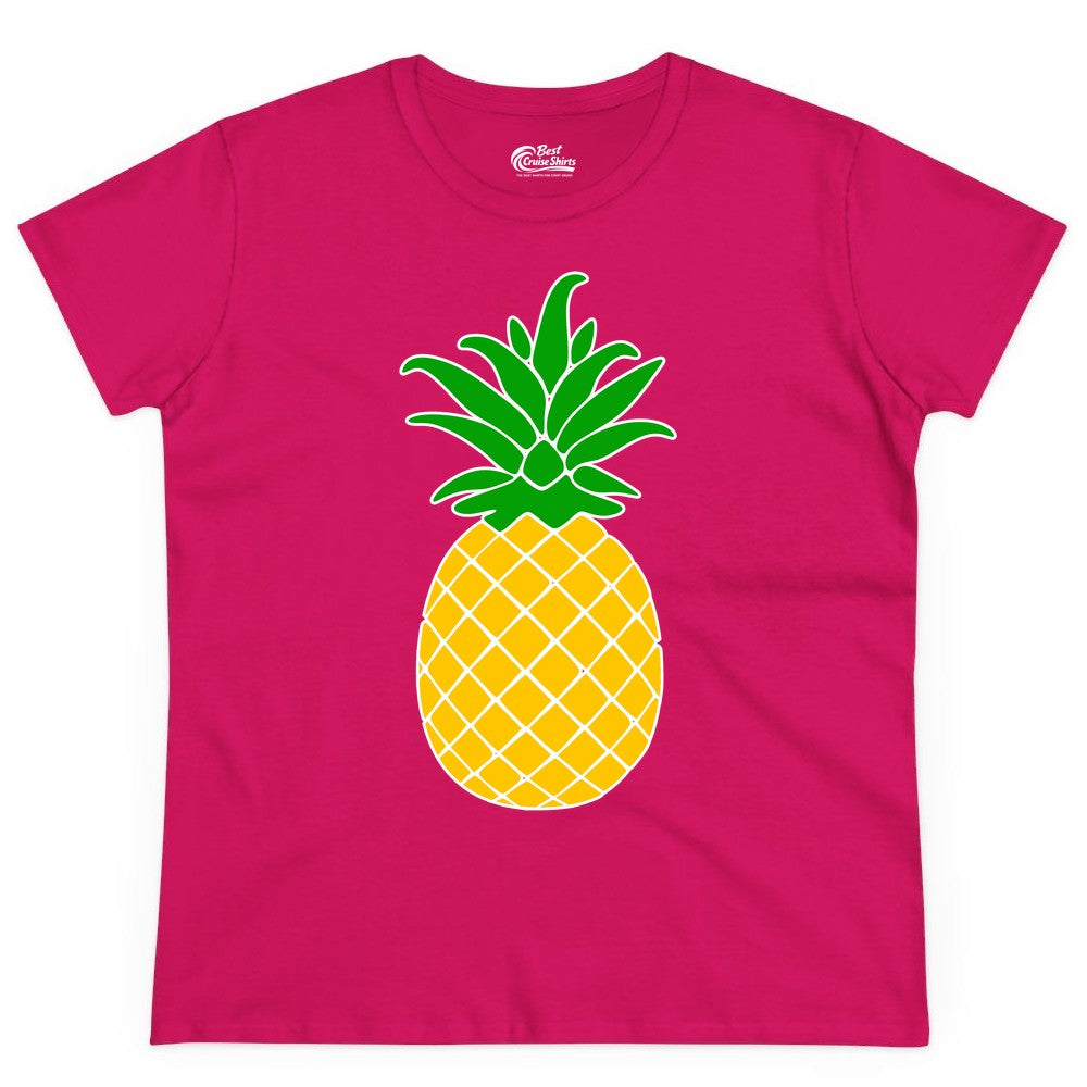 Pineapple Graphic Shirt - Tropical Fruit Apparel for Summer Fun (Ladies Tee) in Heliconia - Cartoon Pineapple Graphic Shirt - Bold Tropical Fruit Summer Tee