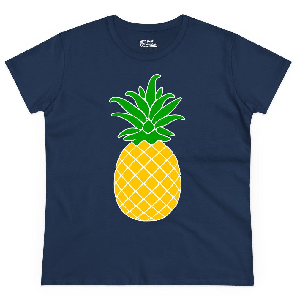Pineapple Graphic Shirt - Tropical Fruit Apparel for Summer Fun (Ladies Tee) in Navy - Cartoon Pineapple Graphic Shirt - Bold Tropical Fruit Summer Tee