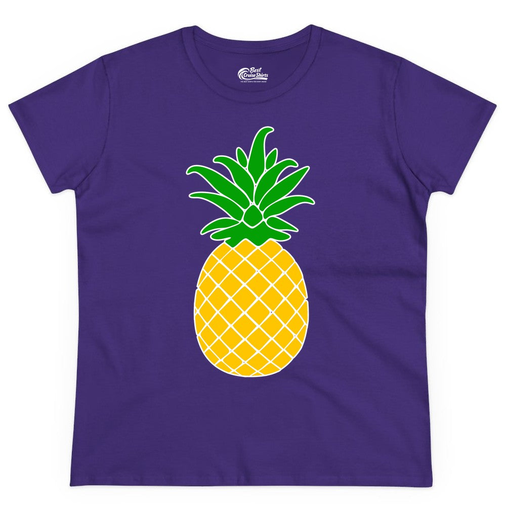 Pineapple Graphic Shirt - Tropical Fruit Apparel for Summer Fun (Ladies Tee) in Purple - Cartoon Pineapple Graphic Shirt - Bold Tropical Fruit Summer Tee