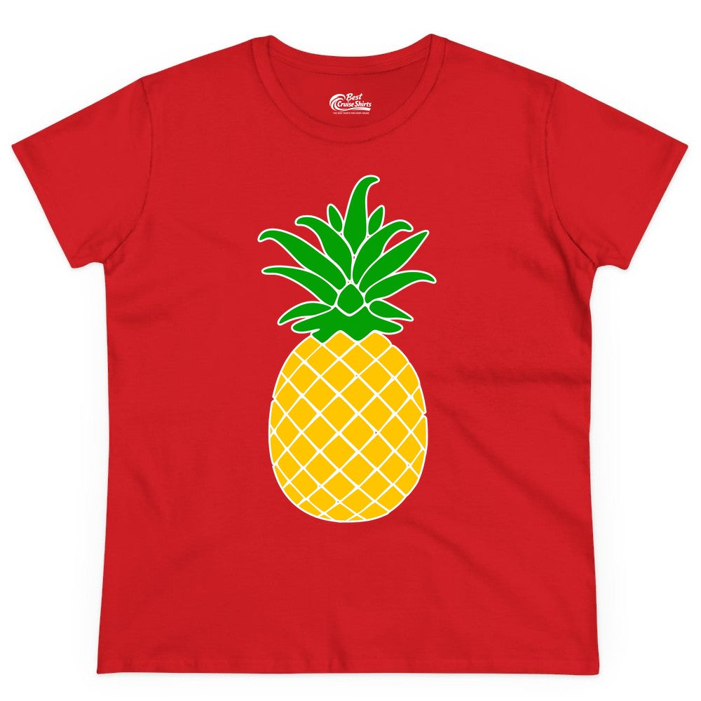 Pineapple Graphic Shirt - Tropical Fruit Apparel for Summer Fun (Ladies Tee) in Red - Cartoon Pineapple Graphic Shirt - Bold Tropical Fruit Summer Tee