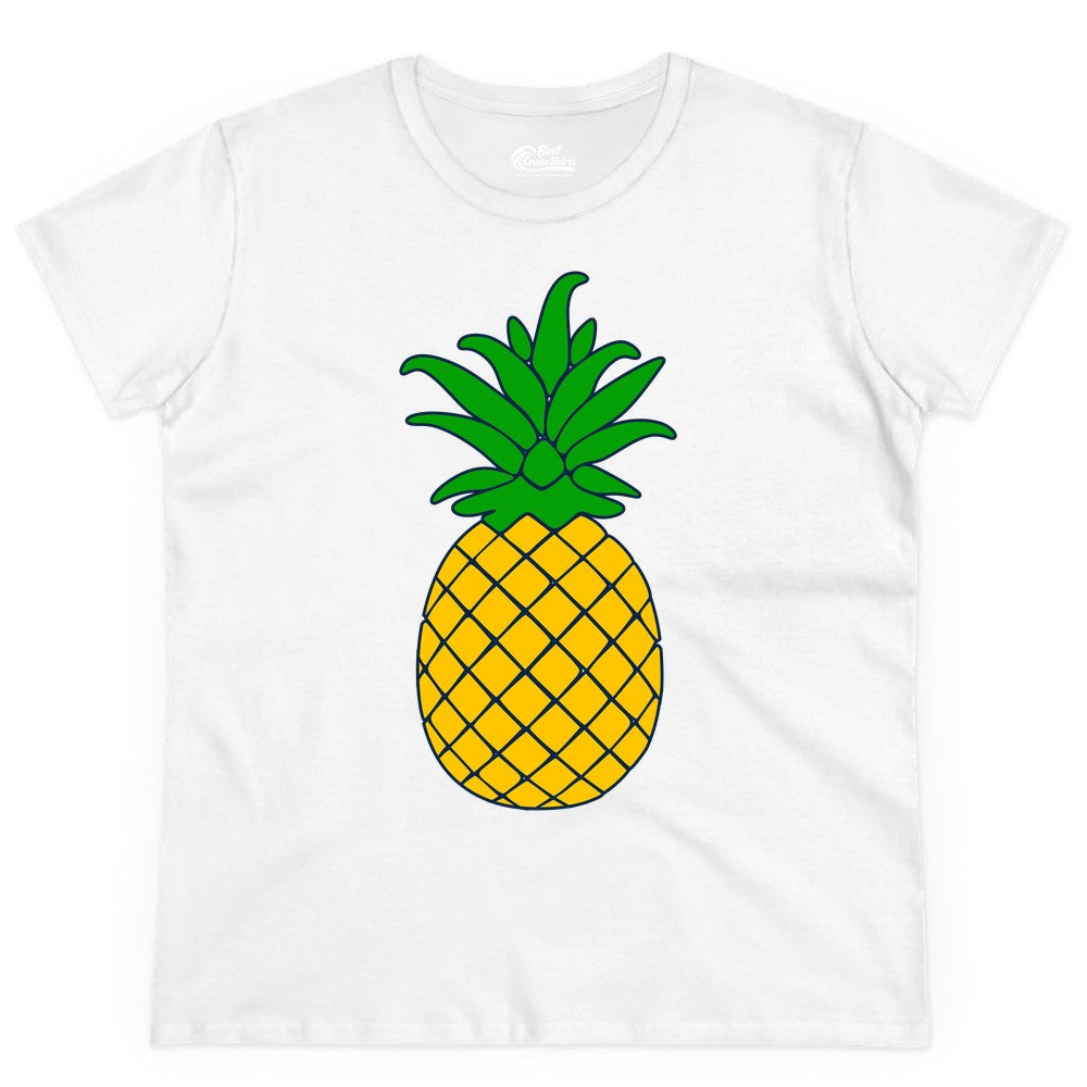 Pineapple Graphic Shirt - Tropical Fruit Apparel for Summer Fun (Ladies Tee) in White - Cartoon Pineapple Graphic Shirt - Bold Tropical Fruit Summer Tee