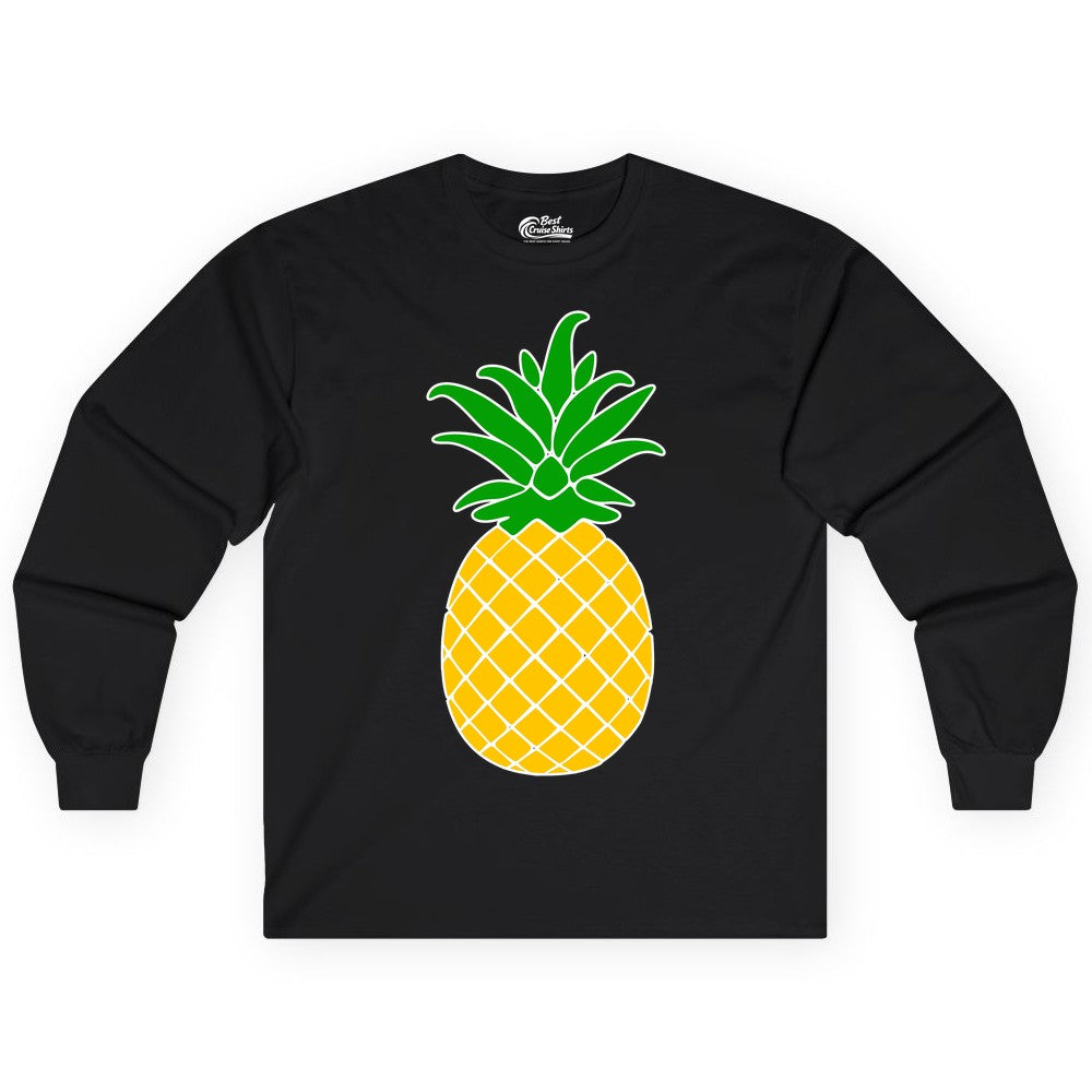 Pineapple Graphic Shirt - Tropical Fruit Apparel for Summer Fun (Long Sleeve) in Black - Cartoon Pineapple Graphic Shirt - Bold Tropical Fruit Summer Tee