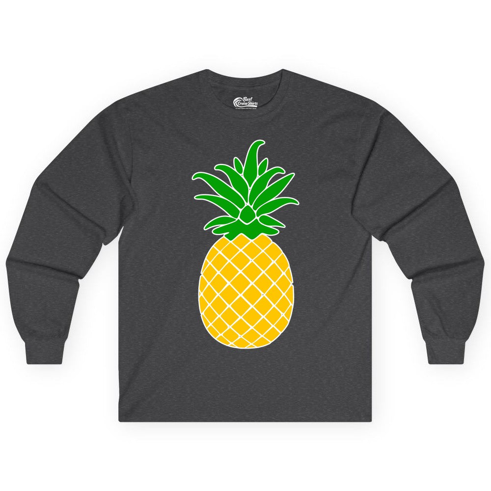 Pineapple Graphic Shirt - Tropical Fruit Apparel for Summer Fun (Long Sleeve) in Dark Heather - Cartoon Pineapple Graphic Shirt - Bold Tropical Fruit Summer Tee