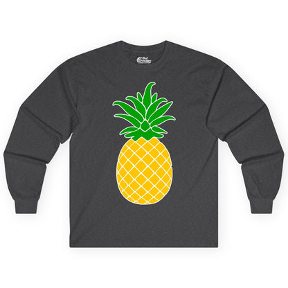 Pineapple Graphic Shirt - Tropical Fruit Apparel for Summer Fun (Long Sleeve) in Dark Heather - Cartoon Pineapple Graphic Shirt - Bold Tropical Fruit Summer Tee