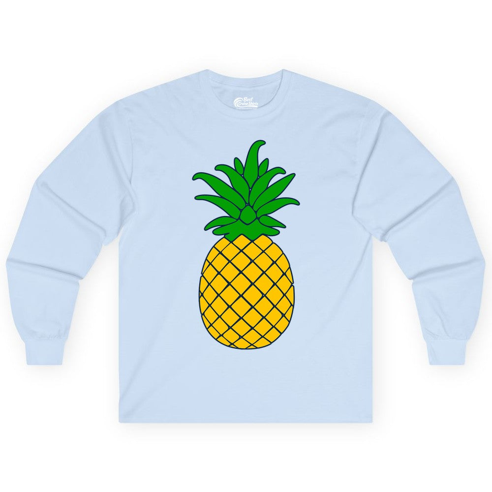 Pineapple Graphic Shirt - Tropical Fruit Apparel for Summer Fun (Long Sleeve) in Light Blue - Cartoon Pineapple Graphic Shirt - Bold Tropical Fruit Summer Tee