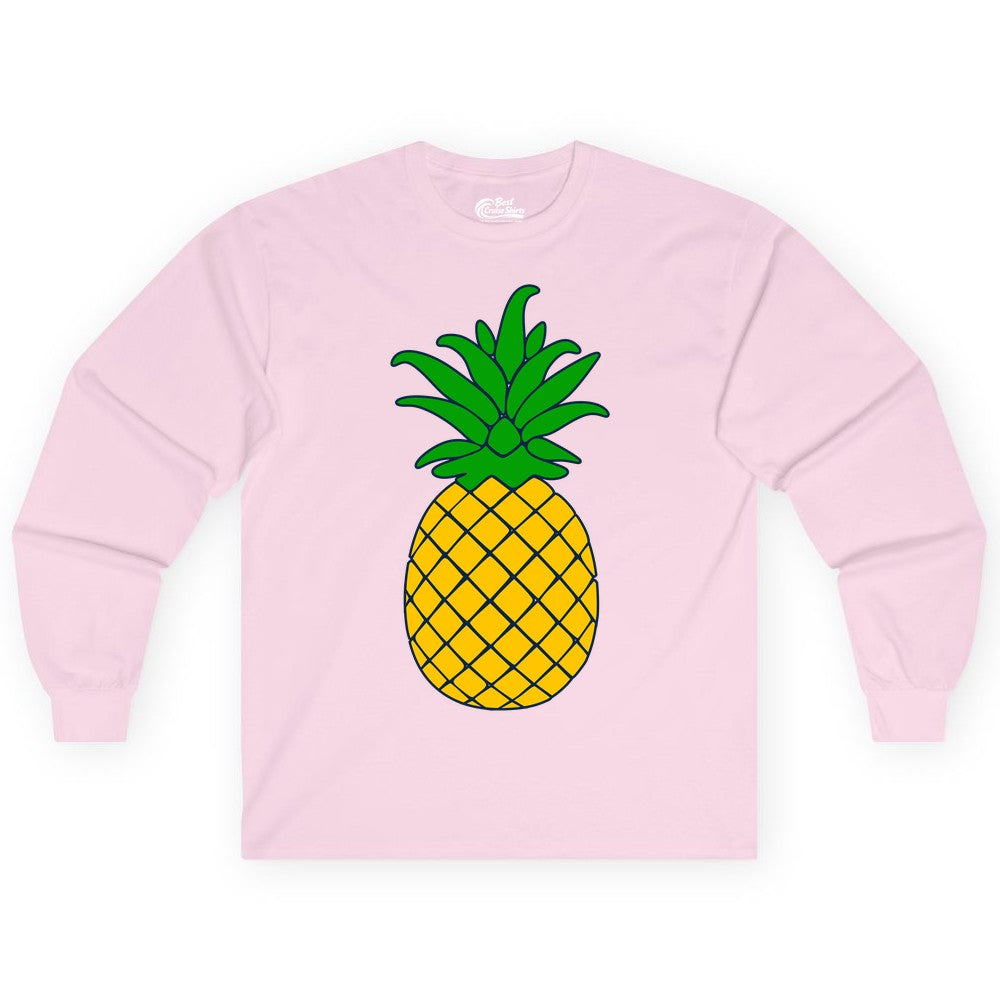 Pineapple Graphic Shirt - Tropical Fruit Apparel for Summer Fun (Long Sleeve) in Light Pink - Cartoon Pineapple Graphic Shirt - Bold Tropical Fruit Summer Tee