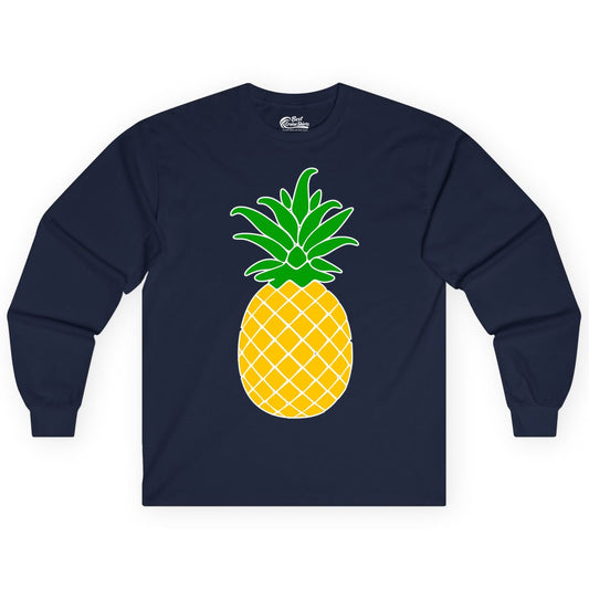 Pineapple Graphic Shirt - Tropical Fruit Apparel for Summer Fun (Long Sleeve) in Navy - Cartoon Pineapple Graphic Shirt - Bold Tropical Fruit Summer Tee