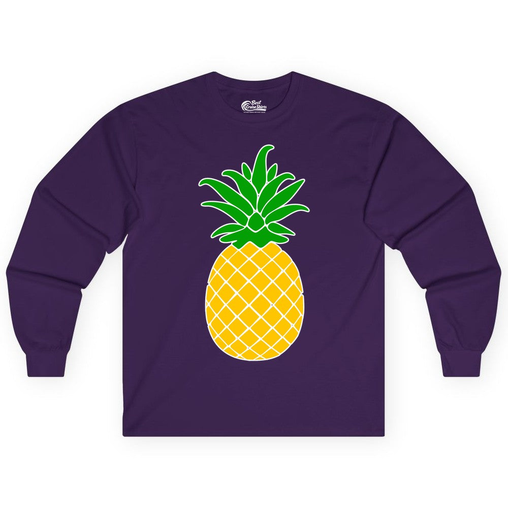 Pineapple Graphic Shirt - Tropical Fruit Apparel for Summer Fun (Long Sleeve) in Purple - Cartoon Pineapple Graphic Shirt - Bold Tropical Fruit Summer Tee