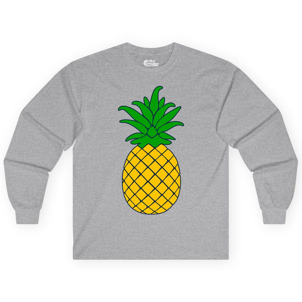 Pineapple Graphic Shirt - Tropical Fruit Apparel for Summer Fun (Long Sleeve) in Sport Grey - Cartoon Pineapple Graphic Shirt - Bold Tropical Fruit Summer Tee