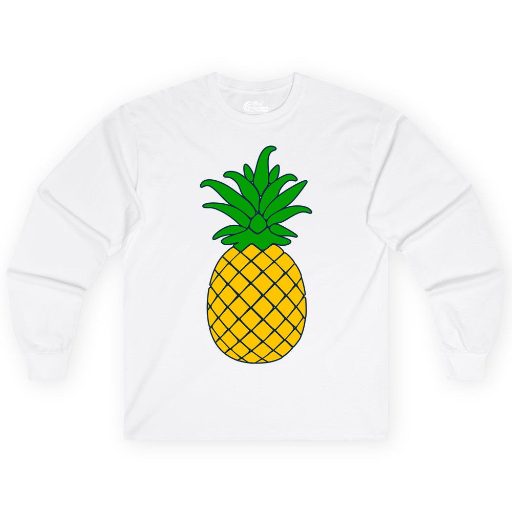 Pineapple Graphic Shirt - Tropical Fruit Apparel for Summer Fun (Long Sleeve) in White - Cartoon Pineapple Graphic Shirt - Bold Tropical Fruit Summer Tee