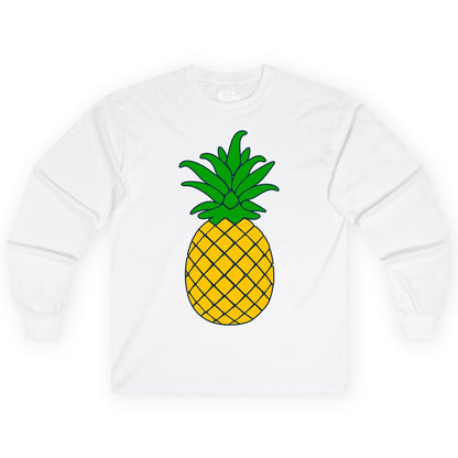 Pineapple Graphic Shirt - Tropical Fruit Apparel for Summer Fun (Long Sleeve) in White - Cartoon Pineapple Graphic Shirt - Bold Tropical Fruit Summer Tee