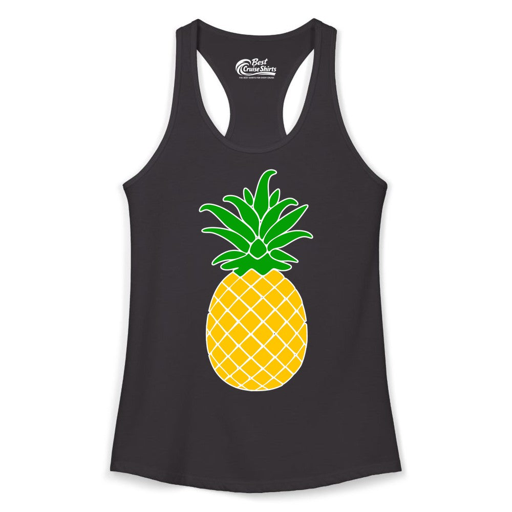 Pineapple Graphic Shirt - Tropical Fruit Apparel for Summer Fun (Ladies Tank) in Black - Cartoon Pineapple Graphic Shirt - Bold Tropical Fruit Summer Tee