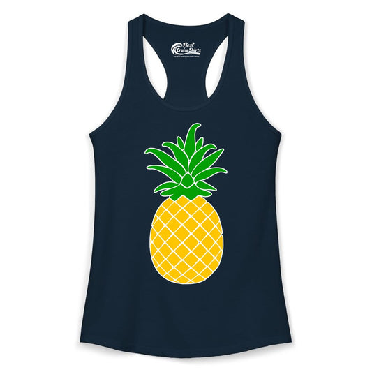 Pineapple Graphic Shirt - Tropical Fruit Apparel for Summer Fun (Ladies Tank) in Solid Midnight Navy - Cartoon Pineapple Graphic Shirt - Bold Tropical Fruit Summer Tee