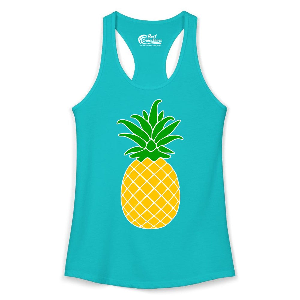 Pineapple Graphic Shirt - Tropical Fruit Apparel for Summer Fun (Ladies Tank) in Tahiti Blue - Cartoon Pineapple Graphic Shirt - Bold Tropical Fruit Summer Tee