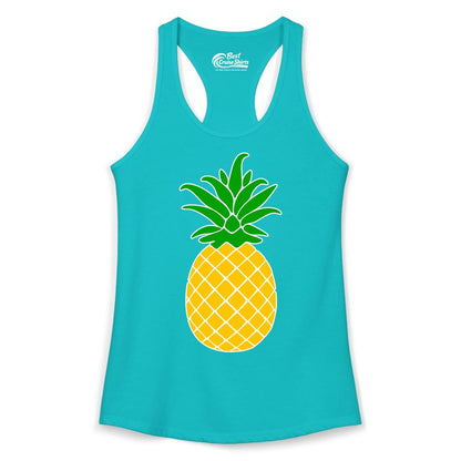 Pineapple Graphic Shirt - Tropical Fruit Apparel for Summer Fun (Ladies Tank) in Tahiti Blue - Cartoon Pineapple Graphic Shirt - Bold Tropical Fruit Summer Tee