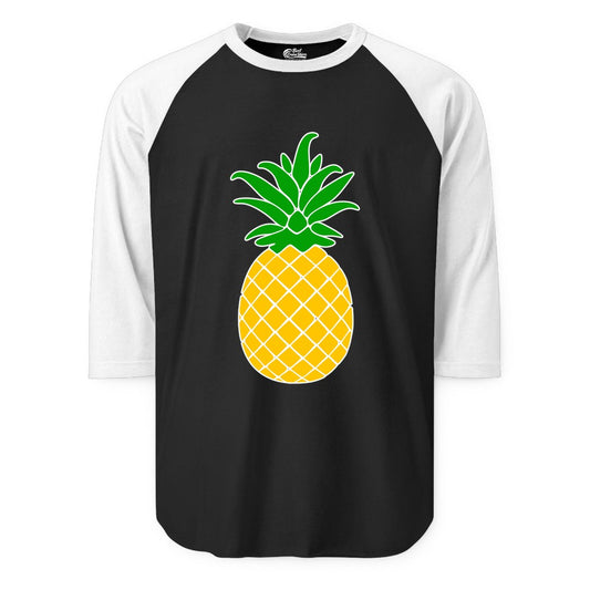 Pineapple Graphic Shirt - Tropical Fruit Apparel for Summer Fun (Raglan) in BlackWhite - Cartoon Pineapple Graphic Shirt - Bold Tropical Fruit Summer Tee