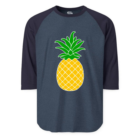 Pineapple Graphic Shirt - Tropical Fruit Apparel for Summer Fun (Raglan) in Heather DenimNavy - Cartoon Pineapple Graphic Shirt - Bold Tropical Fruit Summer Tee