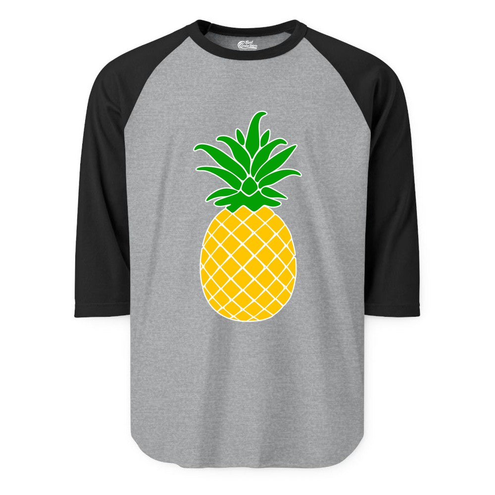 Pineapple Graphic Shirt - Tropical Fruit Apparel for Summer Fun (Raglan) in Heather GreyBlack - Cartoon Pineapple Graphic Shirt - Bold Tropical Fruit Summer Tee