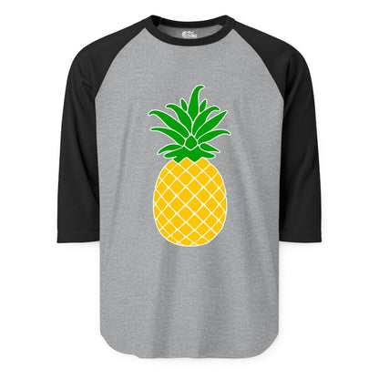 Pineapple Graphic Shirt - Tropical Fruit Apparel for Summer Fun (Raglan) in Heather GreyBlack - Cartoon Pineapple Graphic Shirt - Bold Tropical Fruit Summer Tee