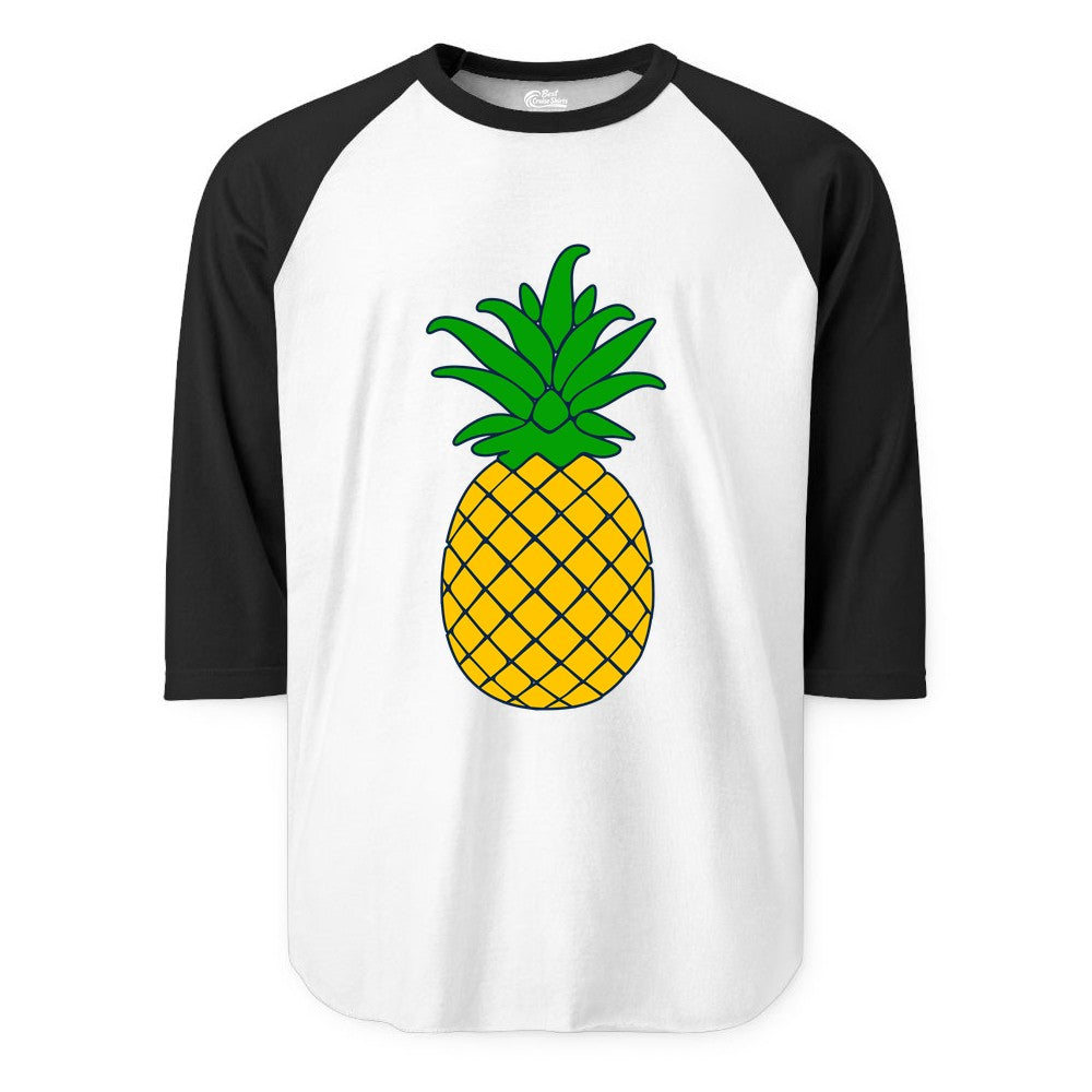 Pineapple Graphic Shirt - Tropical Fruit Apparel for Summer Fun (Raglan) in WhiteBlack - Cartoon Pineapple Graphic Shirt - Bold Tropical Fruit Summer Tee