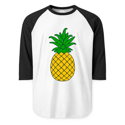 Pineapple Graphic Shirt - Tropical Fruit Apparel for Summer Fun (Raglan) in WhiteBlack - Cartoon Pineapple Graphic Shirt - Bold Tropical Fruit Summer Tee