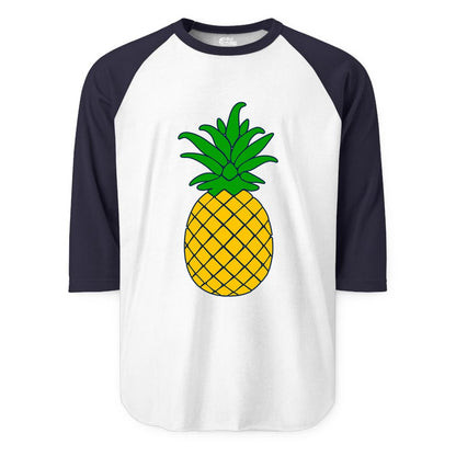 Pineapple Graphic Shirt - Tropical Fruit Apparel for Summer Fun (Raglan) in WhiteNavy - Cartoon Pineapple Graphic Shirt - Bold Tropical Fruit Summer Tee