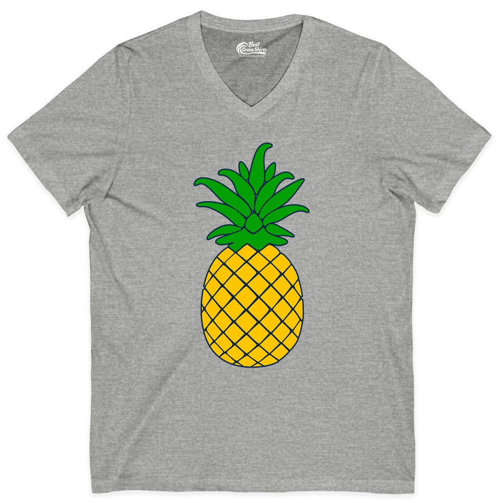 Pineapple Graphic Shirt - Tropical Fruit Apparel for Summer Fun (V-Neck) in Athletic Heather - Cartoon Pineapple Graphic Shirt - Bold Tropical Fruit Summer Tee