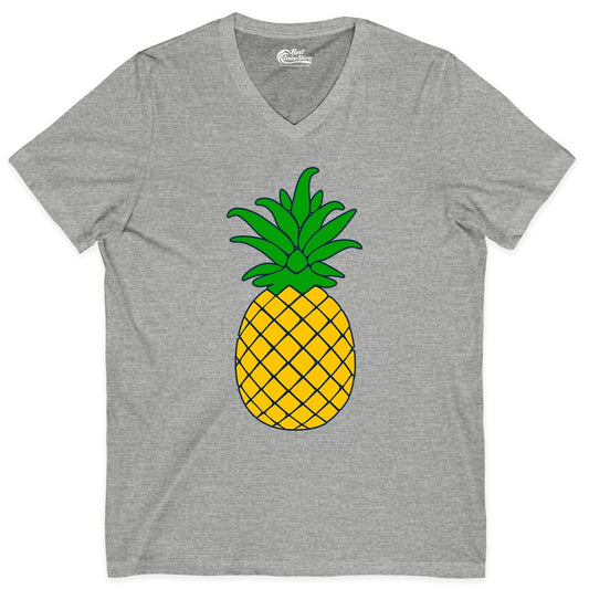 Pineapple Graphic Shirt - Tropical Fruit Apparel for Summer Fun (V-Neck) in Athletic Heather - Cartoon Pineapple Graphic Shirt - Bold Tropical Fruit Summer Tee