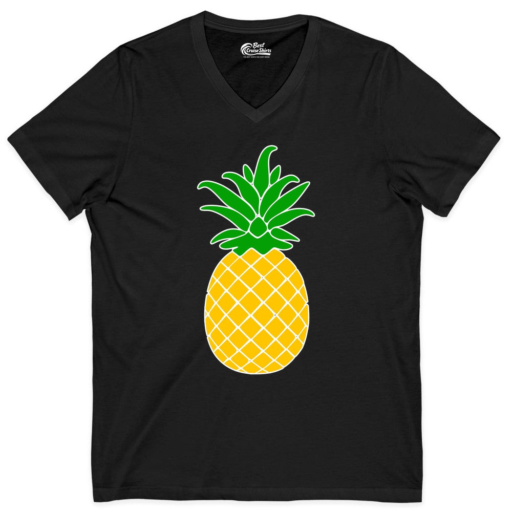 Pineapple Graphic Shirt - Tropical Fruit Apparel for Summer Fun (V-Neck) in Black - Cartoon Pineapple Graphic Shirt - Bold Tropical Fruit Summer Tee