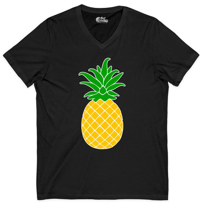 Pineapple Graphic Shirt - Tropical Fruit Apparel for Summer Fun (V-Neck) in Black - Cartoon Pineapple Graphic Shirt - Bold Tropical Fruit Summer Tee