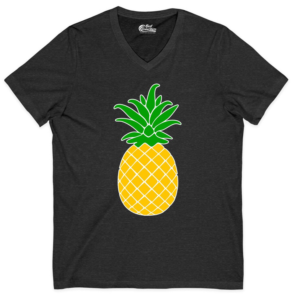 Pineapple Graphic Shirt - Tropical Fruit Apparel for Summer Fun (V-Neck) in Dark Grey Heather - Cartoon Pineapple Graphic Shirt - Bold Tropical Fruit Summer Tee