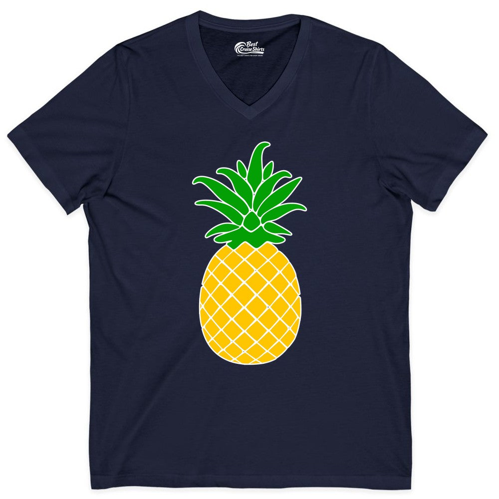 Pineapple Graphic Shirt - Tropical Fruit Apparel for Summer Fun (V-Neck) in Navy - Cartoon Pineapple Graphic Shirt - Bold Tropical Fruit Summer Tee